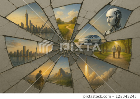 A broken mirror reflecting different sides of the future. A broken mirror reflecting different sides of the future. 128345245