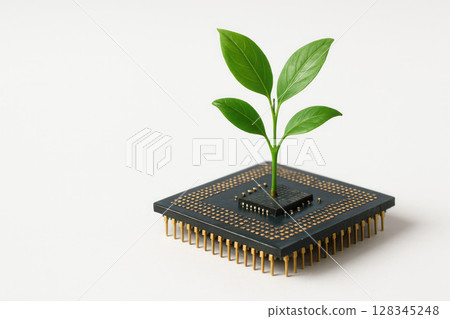 The green plant grows on a microchip. Space for text. The green plant grows on a microchip. Space for text. 128345248