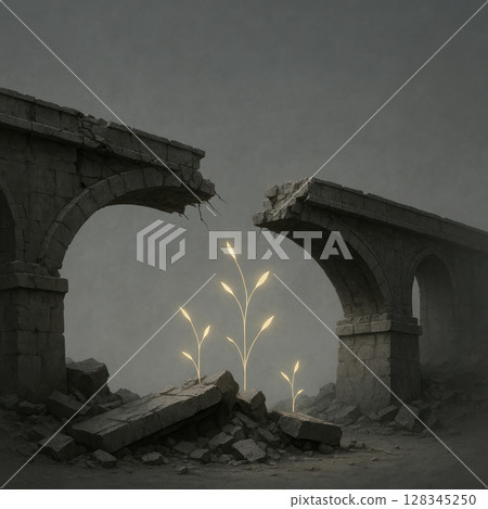 Plants make their way through the cracks of the destroyed bridge. 128345250