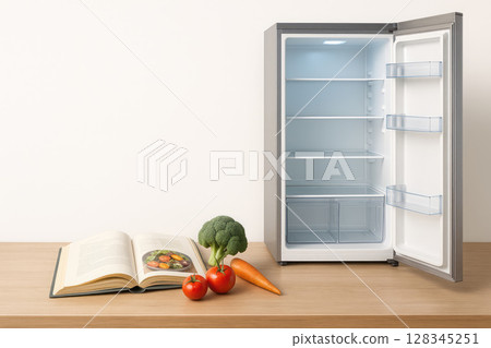 An empty refrigerator and a book with vegetables on the table. Space for text. An empty refrigerator and a book with vegetables on the table. Space for text. 128345251