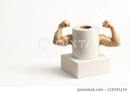 Toilet paper with muscles on a pedestal. Space for text. 128345254