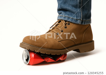 A crushed tin can under a heavy shoe. A crushed tin can under a heavy shoe. 128345255