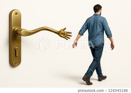 The door handle turns into a palm saying goodbye to the departing one. Space for text. The door handle turns into a palm saying goodbye to the departing one. Space for text. 128345286