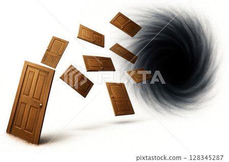 Wooden doors sucked into a black funnel, loss of choice. 128345287