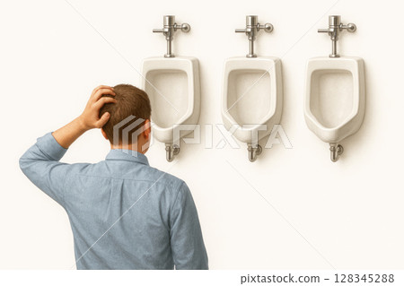 A man is confused before choosing a urinal in a public toilet. 128345288