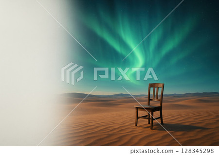 A lonely chair in the middle of the desert under the northern lights. Space for text. A lonely chair in the middle of the desert under the northern lights. Space for text. 128345298