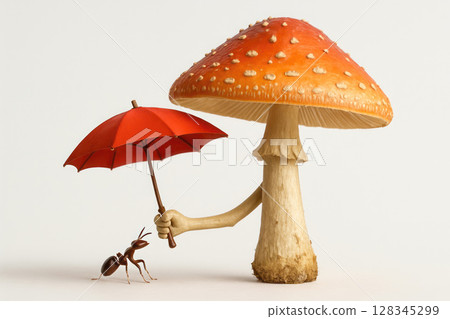 Fly agaric holding an umbrella over an ant with his hand. Fly agaric holding an umbrella over an ant with his hand. 128345299