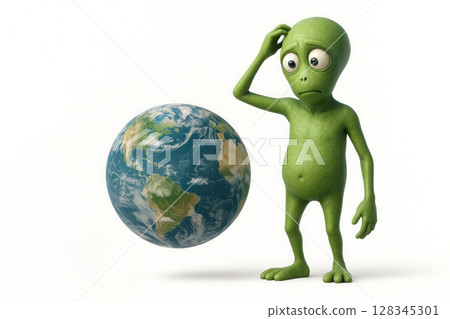 The alien looks at the planet Earth with bewilderment. Space for text. 128345301