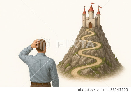 A man looks at a castle on top of a mountain. 128345303