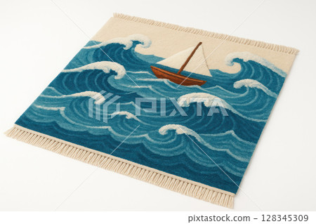 The carpet with the waves and the boat is like a real sea. 128345309