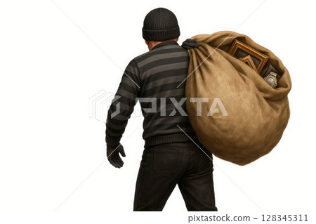 A thief with a bag filled with stolen items. Space for text. A thief with a bag filled with stolen items. Space for text. 128345311
