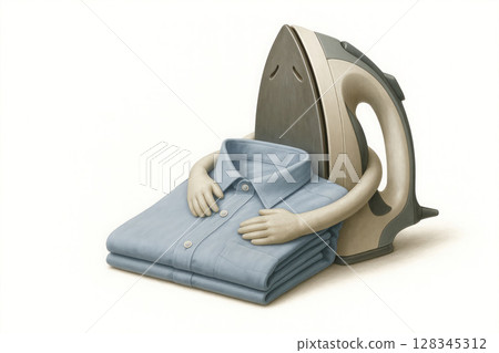 An iron hugs a neatly folded shirt. Space for text. An iron hugs a neatly folded shirt. Space for text. 128345312