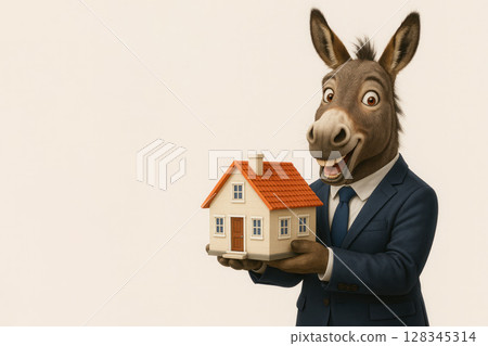 A donkey in a suit holds a model at home. Space for text. 128345314