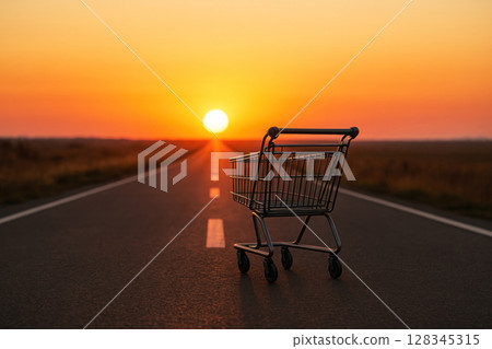 An empty cart is driving along the road towards the sunset. Space for text. An empty cart is driving along the road towards the sunset. Space for text. 128345315