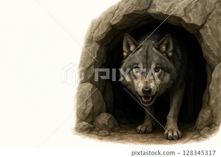 The wolf comes out of the shadows of the cave, a predator on guard of the territory. Space for text. 128345317