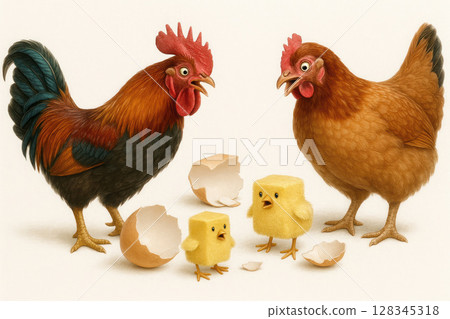 Surprised parents of chickens and square chickens, the absurdity of reality. Surprised parents of chickens and square chickens, the absurdity of reality. 128345318