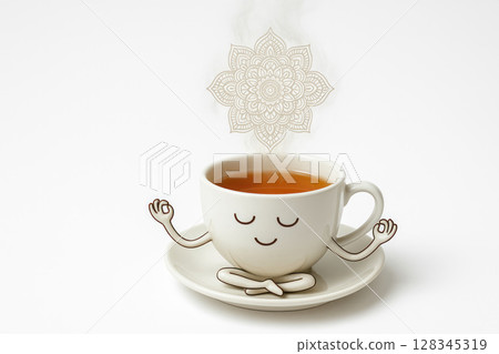 A cup of tea in a meditation pose emits a mandala. Space for text. A cup of tea in a meditation pose emits a mandala. Space for text. 128345319
