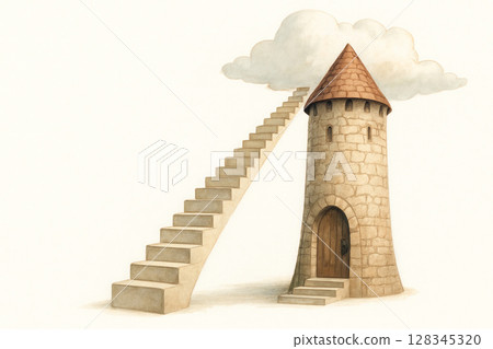 A tower with a staircase leading to the cloud. Space for text. A tower with a staircase leading to the cloud. Space for text. 128345320