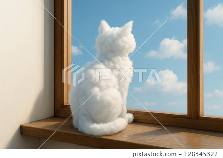 A cat-shaped cloud looks out the window. Space for text. 128345322