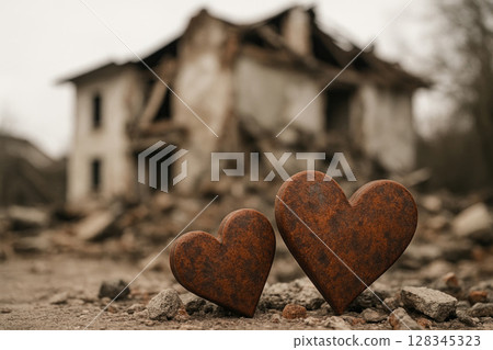Two rusty hearts against the background of a destroyed house. Space for text. 128345323