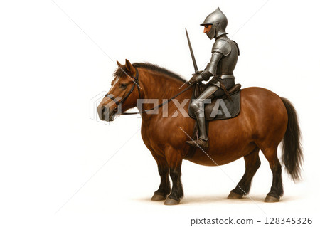 A medieval knight on a horse, strength and honor through the centuries. Space for text. 128345326