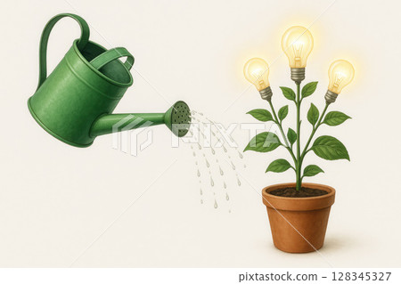 A watering can waters a plant with light bulbs instead of flowers. 128345327