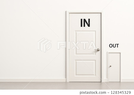 The big IN door and the small OUT door, the irony of the exit. Space for text. 128345329