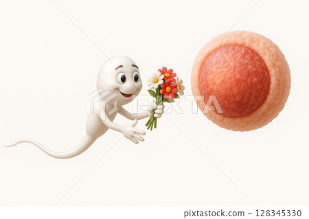 A sperm with flowers swims to the egg. Space for text. 128345330