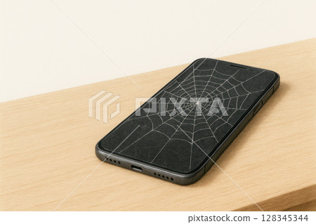 A smartphone with a spider web on the screen, a symbol of digital inactivity. Space for text. A smartphone with a spider web on the screen, a symbol of digital inactivity. Space for text. 128345344