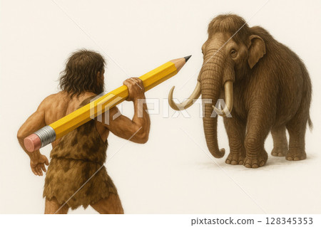 Caveman with a giant pencil against a mammoth. Caveman with a giant pencil against a mammoth. 128345353