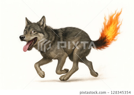 The wolf with the fiery tail runs away with a frightened expression. The wolf with the fiery tail runs away with a frightened expression. 128345354
