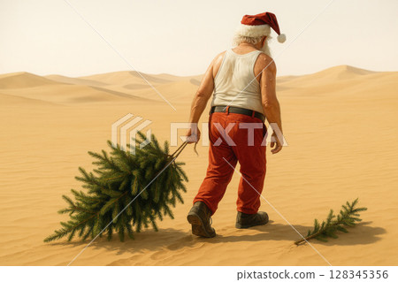 Sweaty Santa in the hot desert drags a Christmas tree. 128345356