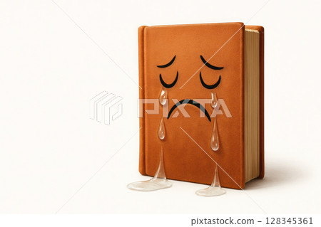 A crying book with a sad face and drops of tears. Space for text. 128345361