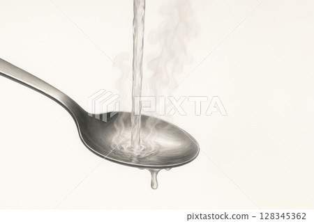 Boiling water is poured into a spoon from the tap. Space for text. 128345362