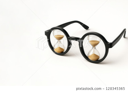 Glasses with hourglasses instead of lenses. Space for text. Glasses with hourglasses instead of lenses. Space for text. 128345365