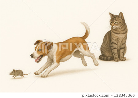 The dog is chasing a mouse, and the cat is watching indifferently. The dog is chasing a mouse, and the cat is watching indifferently. 128345366