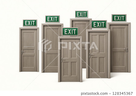 Multiple doors with EXIT signs above each. 128345367