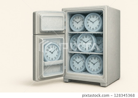 Freezer filled with frozen watch. Space for text. 128345368