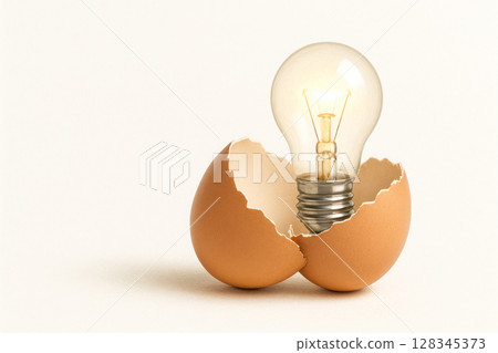 A light bulb hatches from an egg, symbolizing the birth of an idea. Space for text. A light bulb hatches from an egg, symbolizing the birth of an idea. Space for text. 128345373