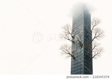 The tree grows through the skyscraper, symbolizing nature in the city. Space for text. The tree grows through the skyscraper, symbolizing nature in the city. Space for text. 128345374
