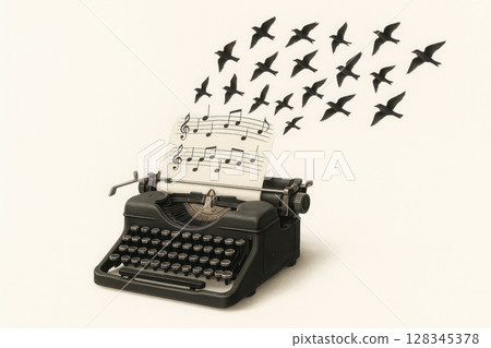A typewriter prints sheet music that turns into birds. Space for text. A typewriter prints sheet music that turns into birds. Space for text. 128345378