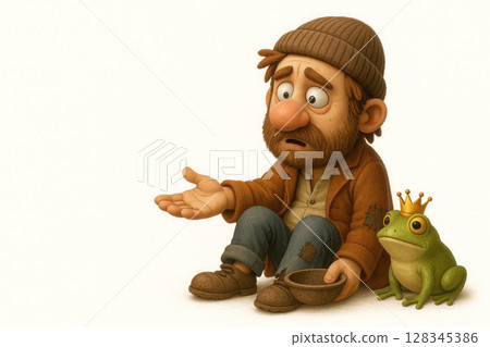 A tramp with an outstretched hand sits next to a frog in a crown. Space for text. A tramp with an outstretched hand sits next to a frog in a crown. Space for text. 128345386