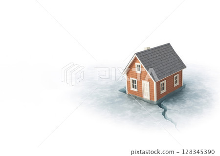 A house on thin ice above a crack. Space for text. A house on thin ice above a crack. Space for text. 128345390