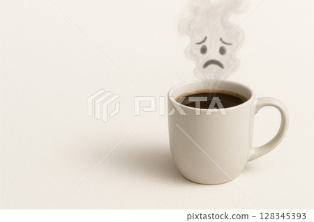 Sad face paired over a cup of coffee. Space for text. Sad face paired over a cup of coffee. Space for text. 128345393