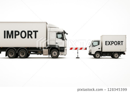 Large and small trucks with the inscriptions import and export stand opposite. 128345399
