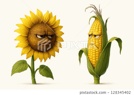 Gloomy sunflower and sullen corn in dispute. Gloomy sunflower and sullen corn in dispute. 128345402