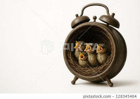 Chicks in a nest inside an old alarm clock. Space for text. Chicks in a nest inside an old alarm clock. Space for text. 128345404