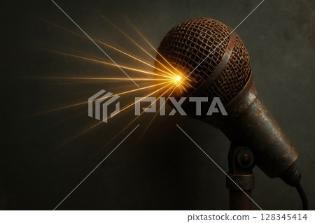 The power of the word in the light from the microphone. Space for text. 128345414