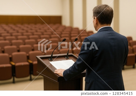 An empty hall and a speaker speaking alone. An empty hall and a speaker speaking alone. 128345415
