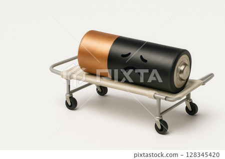 Tired battery on a medical gurney. Space for text. 128345420